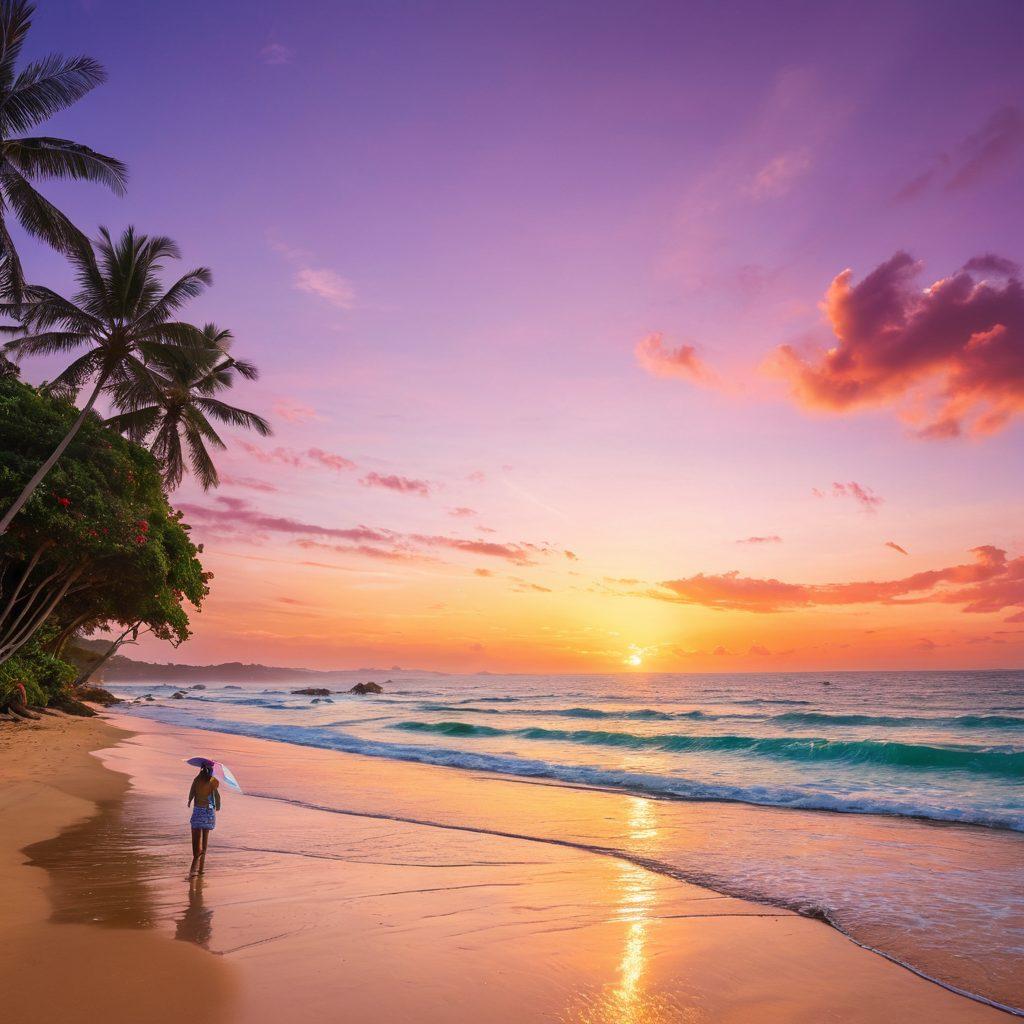 A serene beach scene filled with diverse groups of joyful people enjoying the sun and nature in their natural state, vibrant umbrellas scattered around, lush greenery in the background, and crystal-clear water gently lapping at the shore. The atmosphere radiates happiness, freedom, and acceptance, with a dynamic sunset casting warm hues across the sky. super-realistic. vibrant colors. sunset backdrop.