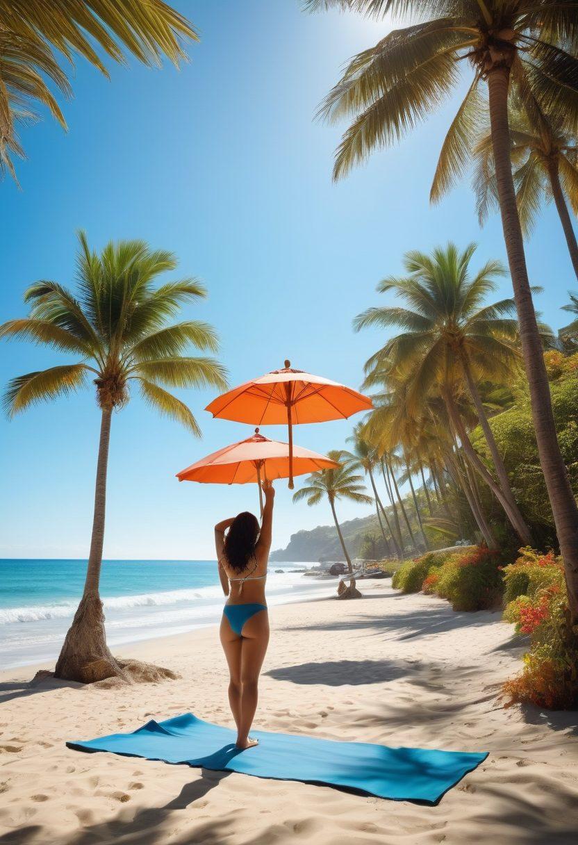 A sunny beach scene showcasing a diverse group of happy, relaxed people enjoying a nudist vacation, surrounded by vibrant tropical scenery. Emphasize body positivity and inclusiveness with various ethnicities and ages, engaging in activities like yoga, beach volleyball, and lounging under sun umbrellas. Bright blue ocean waves and a clear sky create a joyful atmosphere. Surrealistic style, vibrant colors.